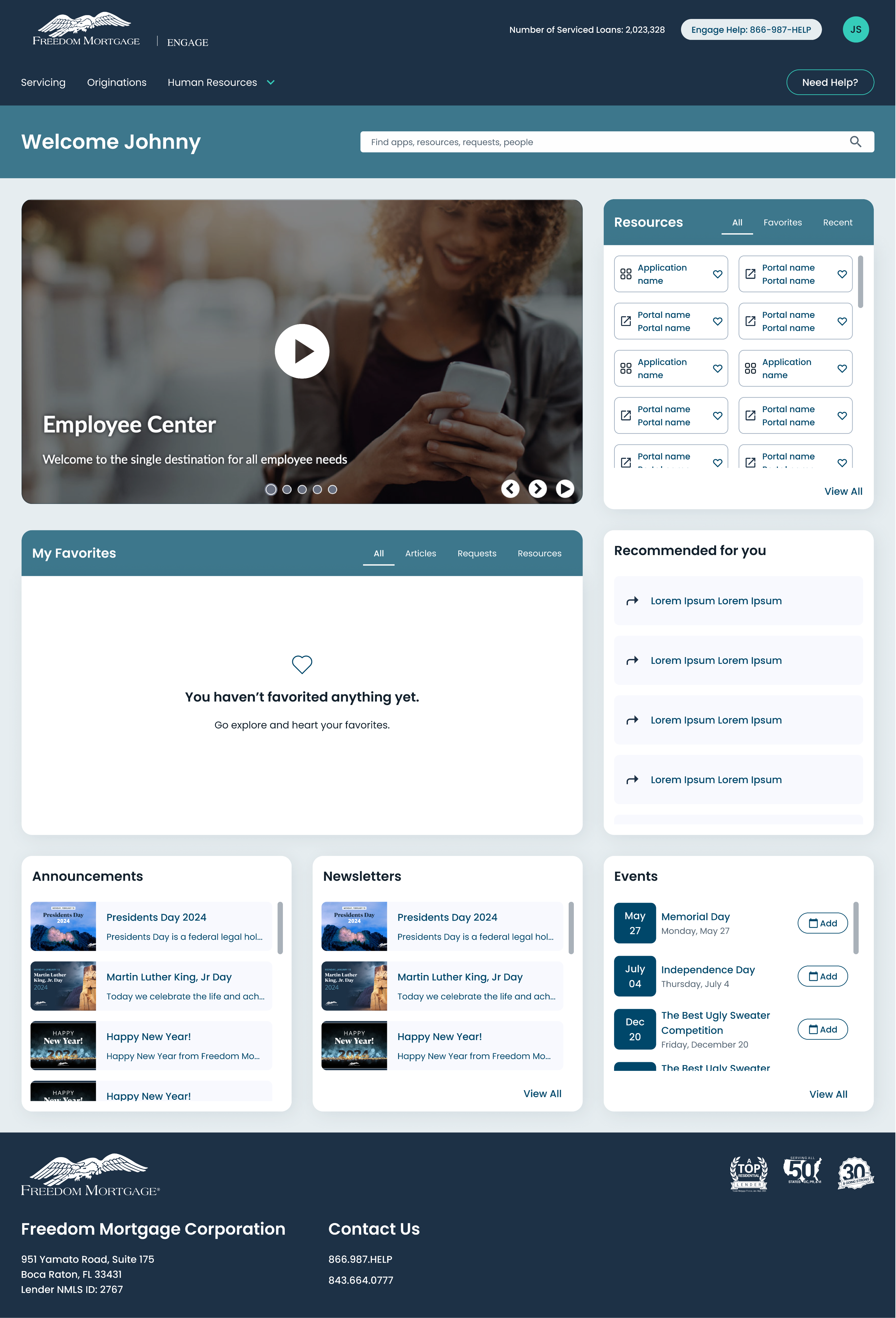 Homepage empty state inviting a new hire to start favoriting