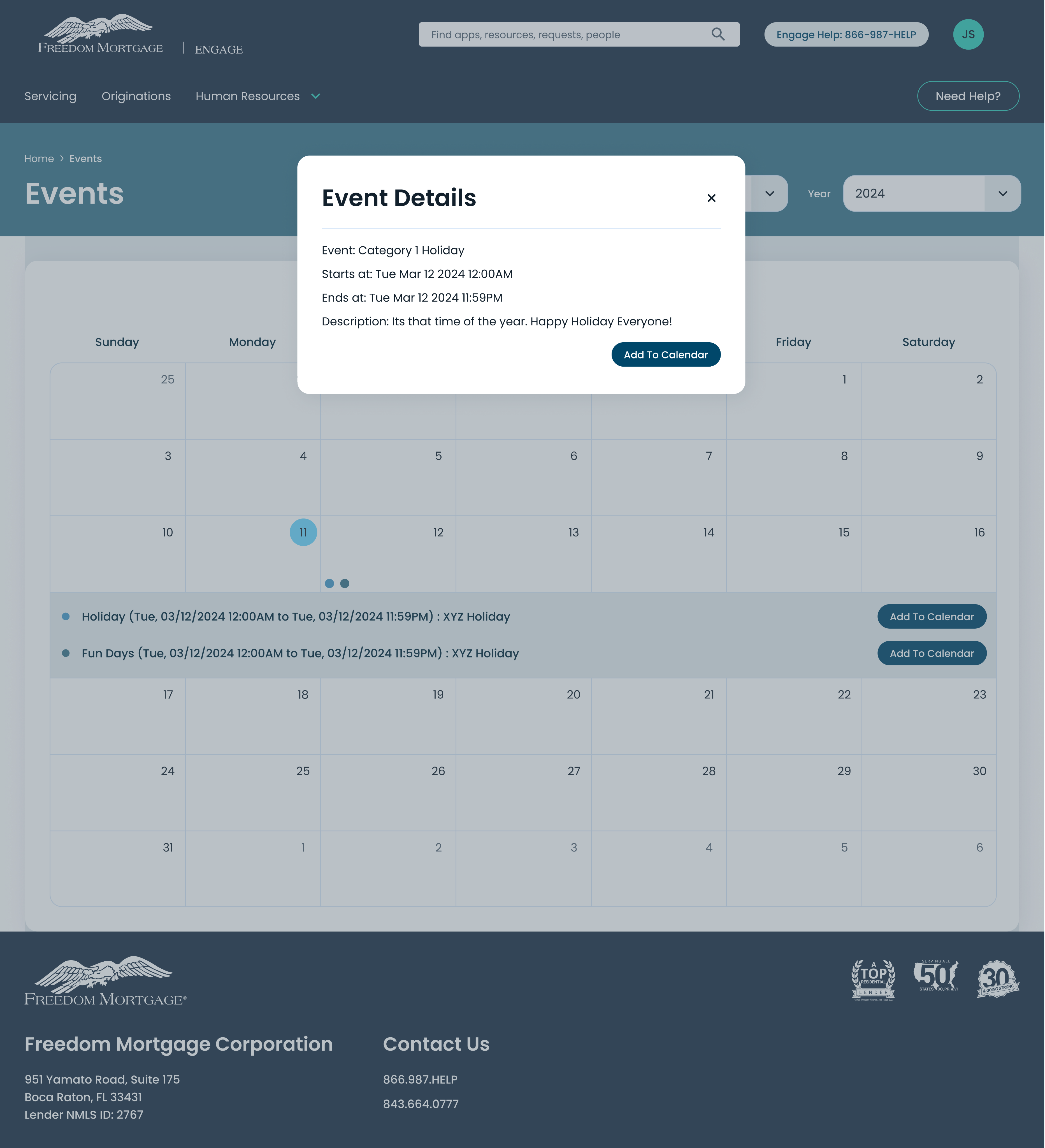 Event details dialog with add-to-calendar