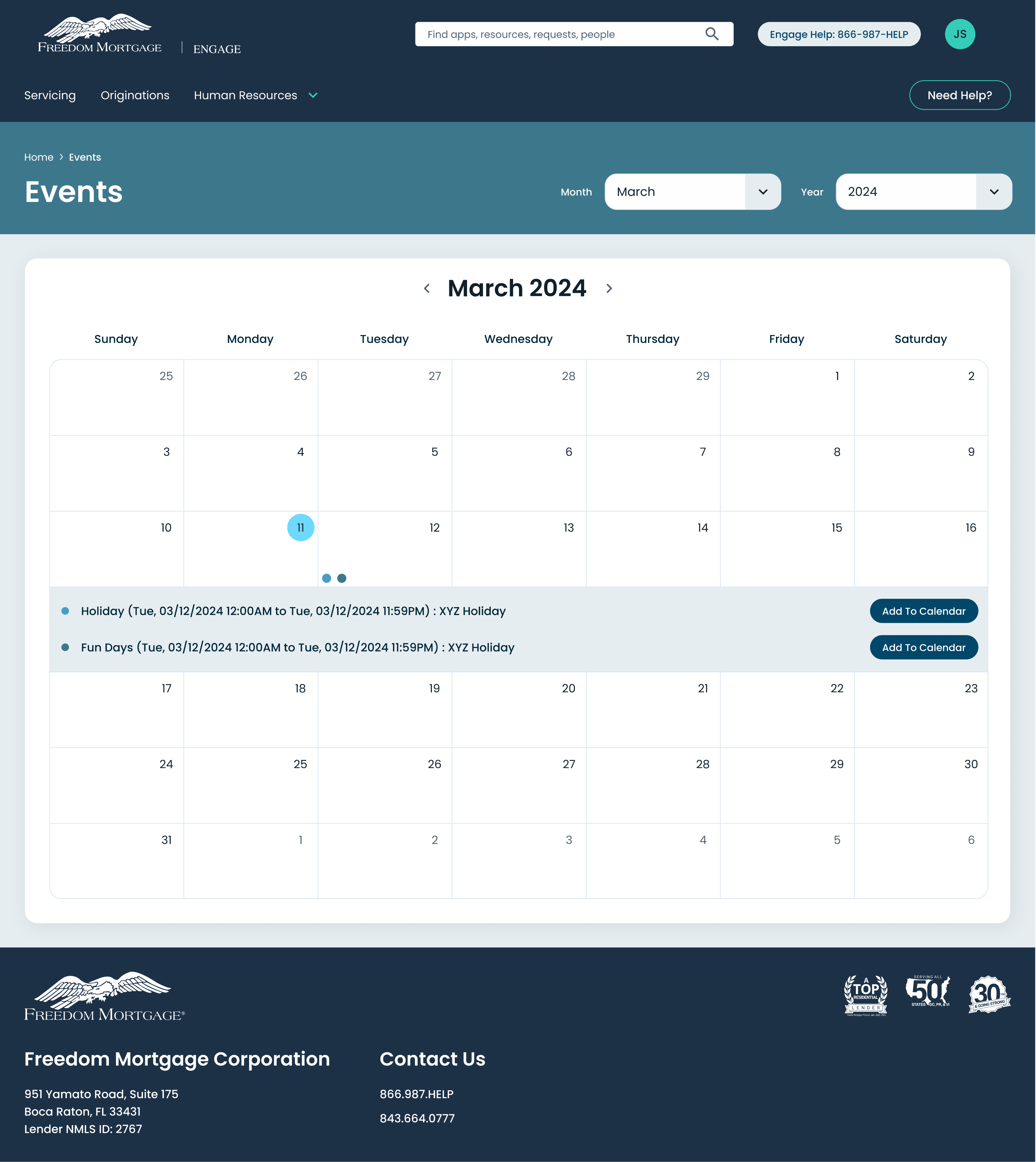 The Engage events calendar with add-to-calendar actions