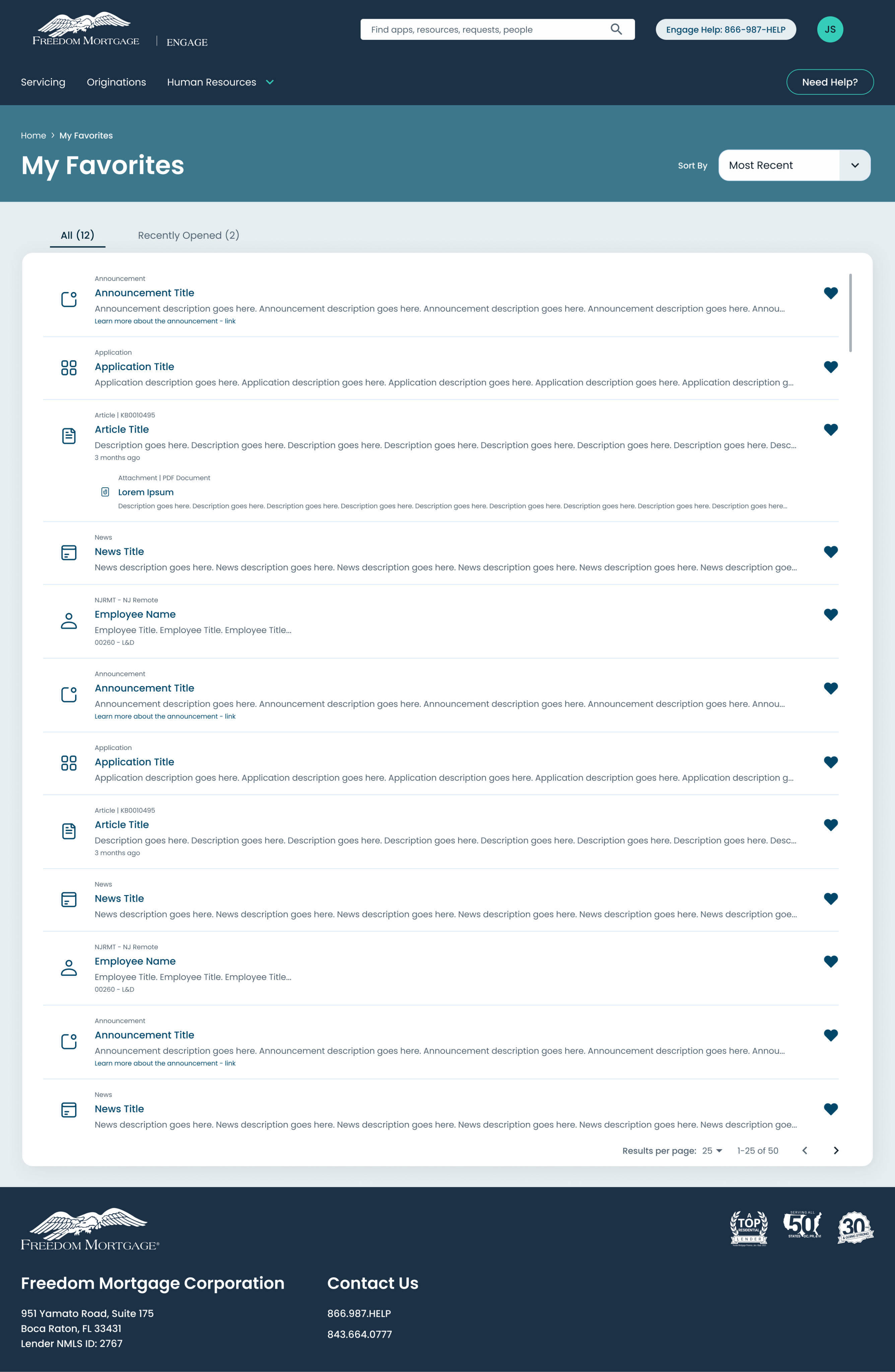 The My Favorites page listing everything an employee has pinned