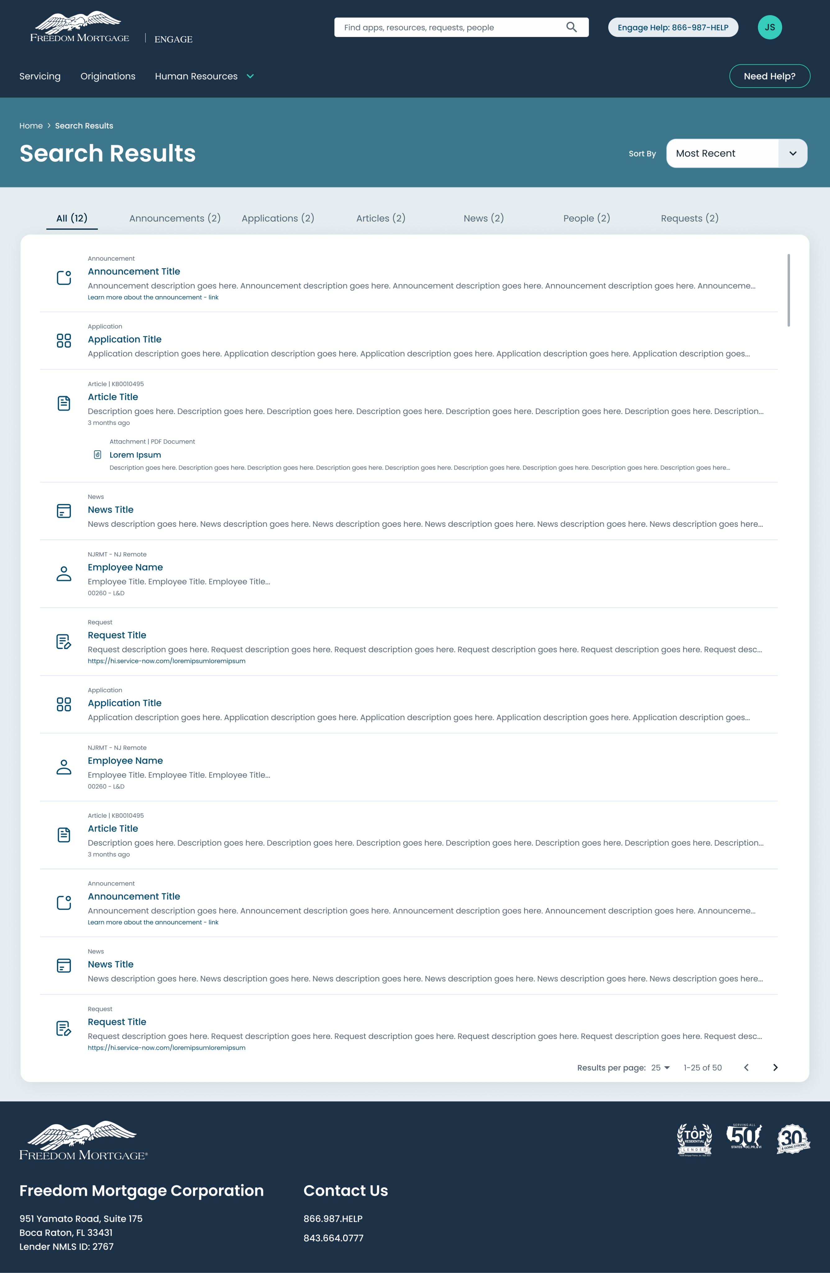 Unified search results across announcements, applications, articles, news, people, and requests