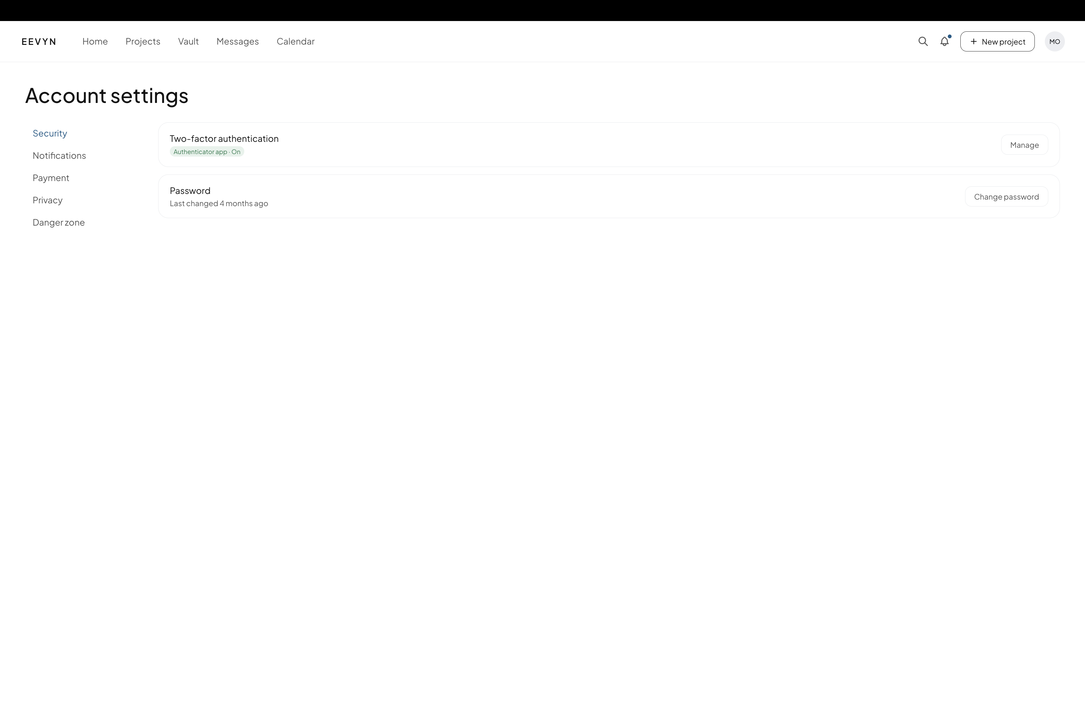 Account settings showing two factor authentication and password