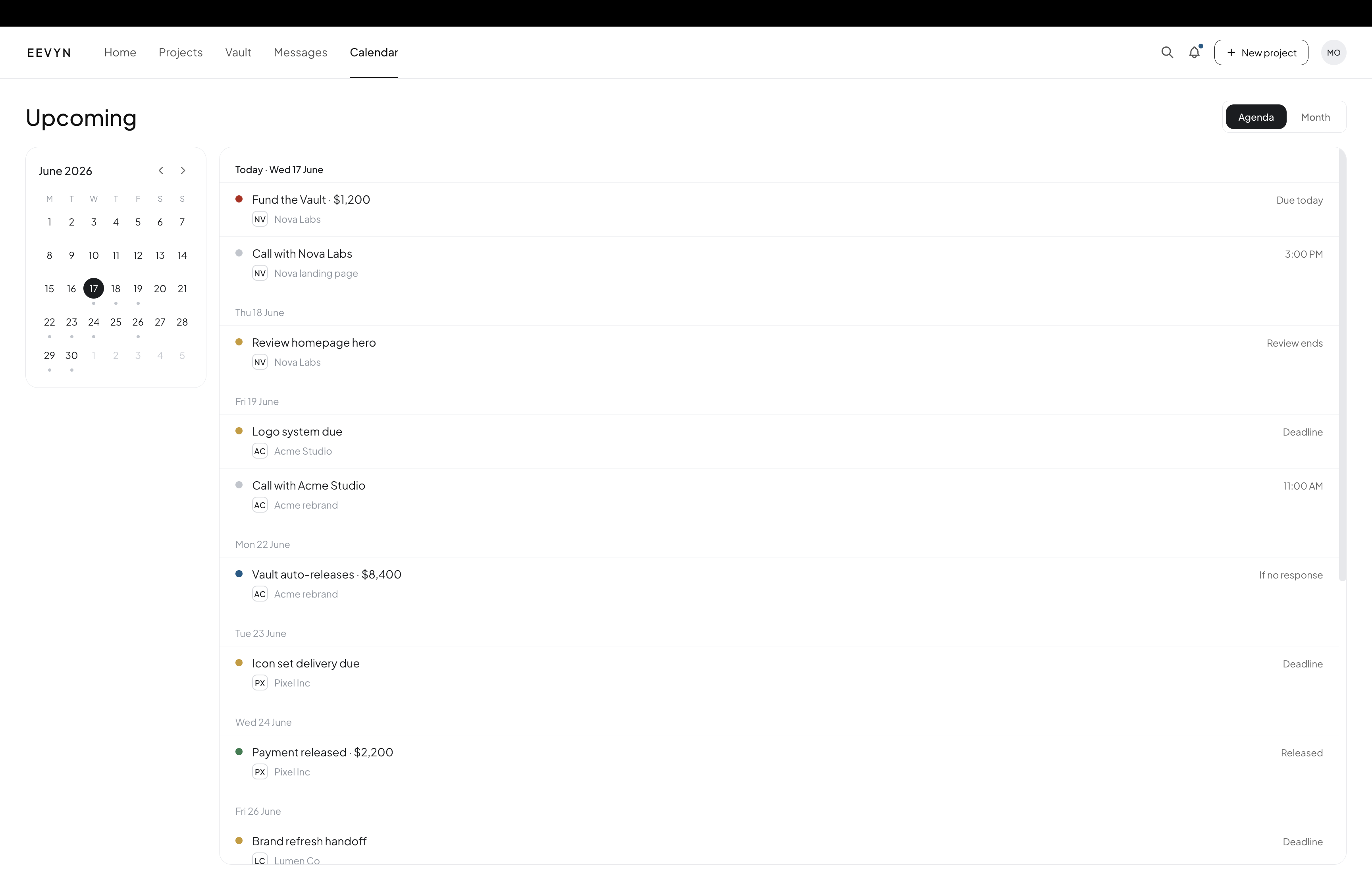 Calendar showing deadlines, calls and auto release dates