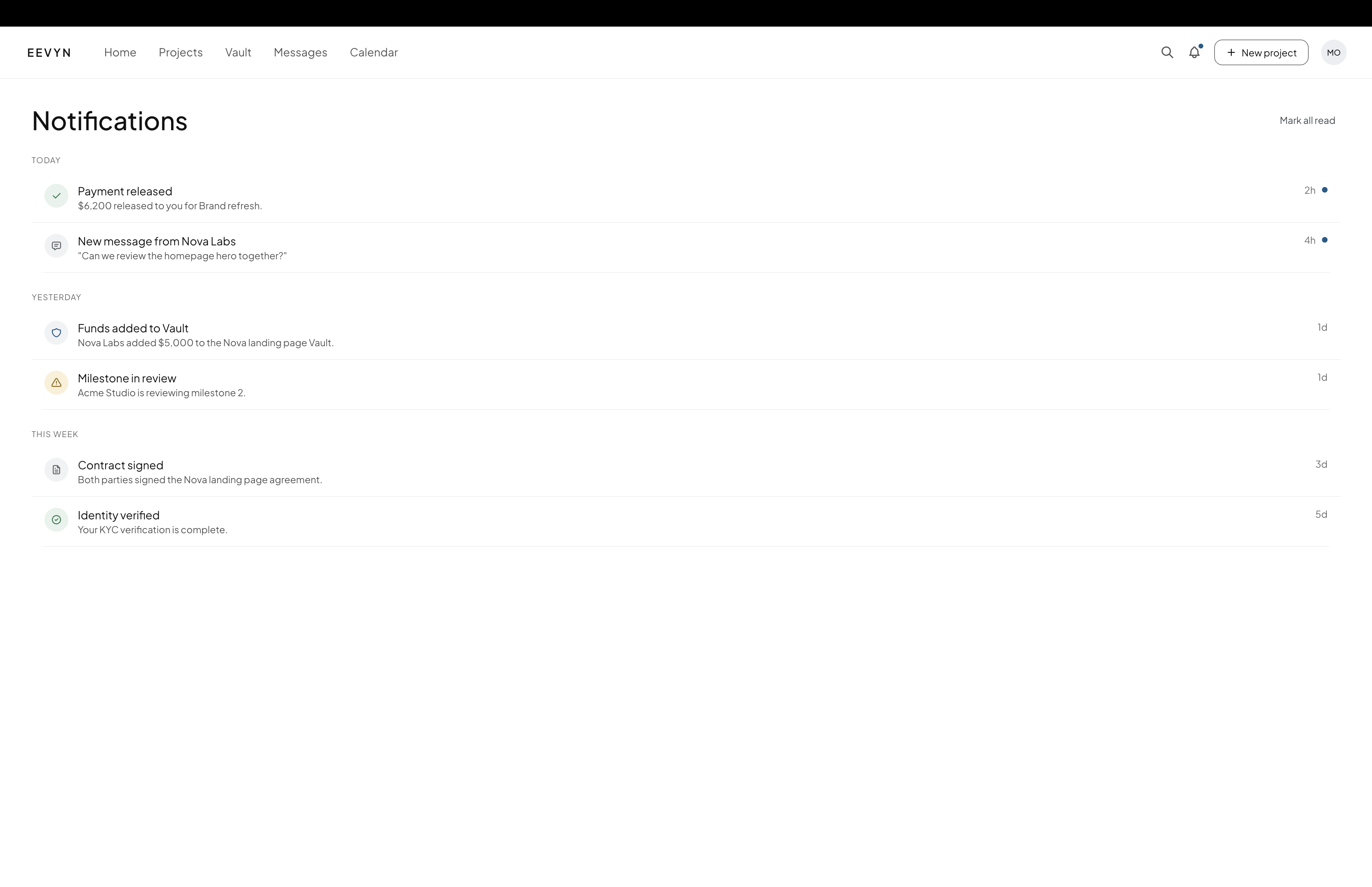 Notifications list treating money movements and account events equally
