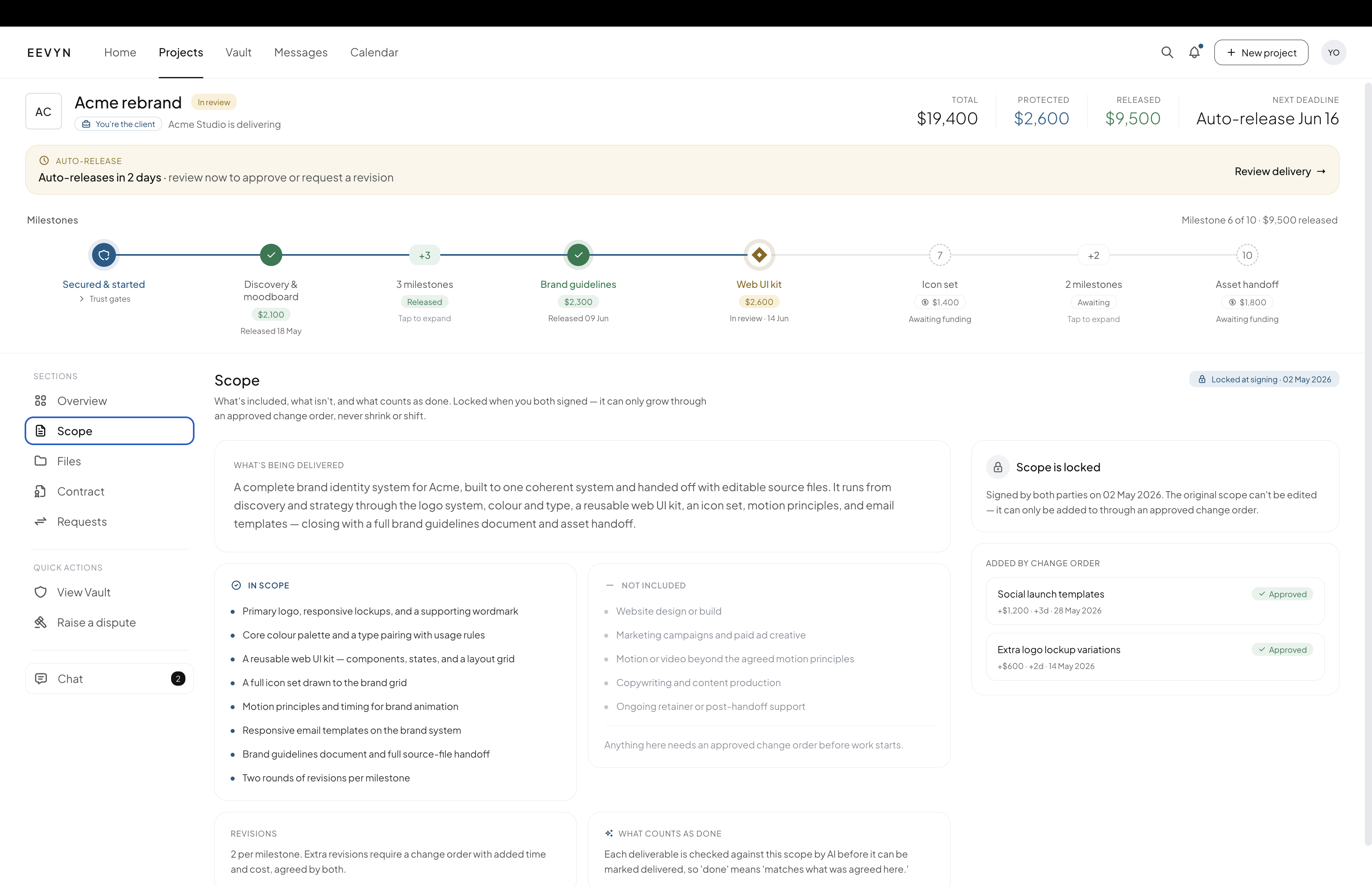 Locked scope view listing what is in, what is out, and approved change orders