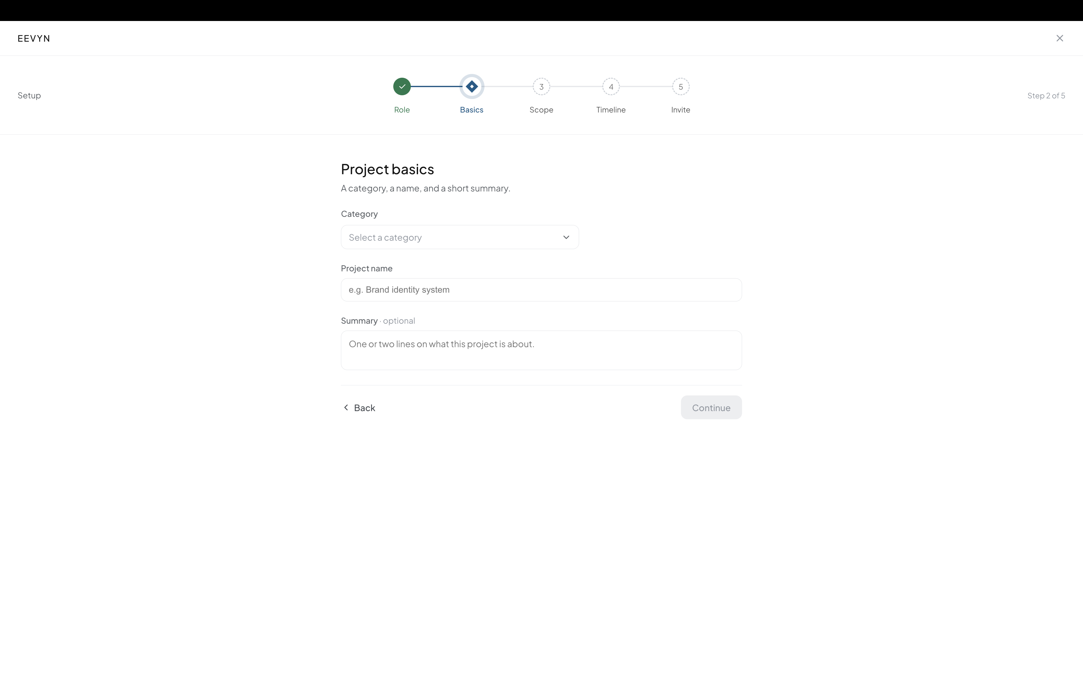 Project basics step, choosing a category, name and summary