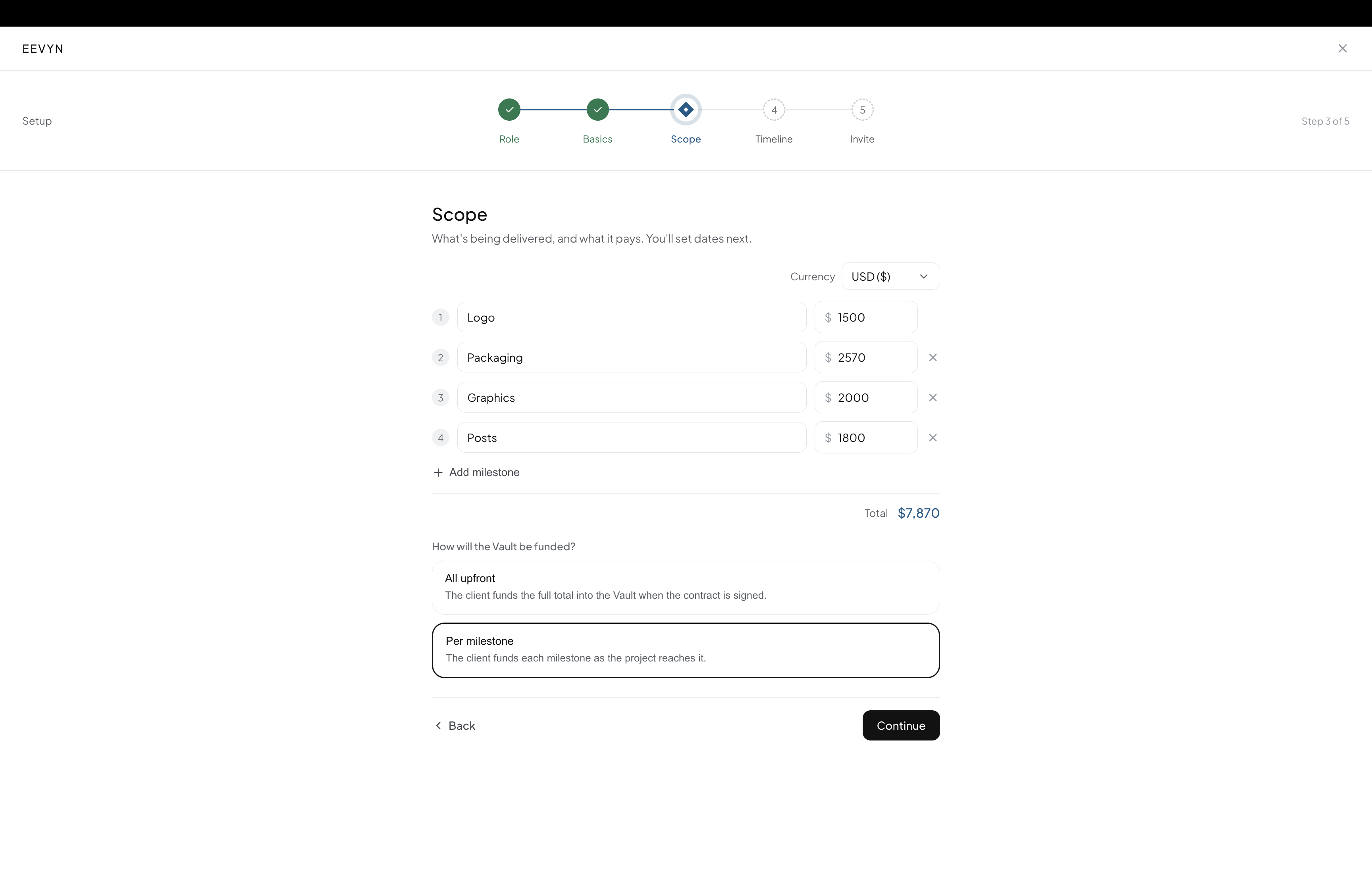 Scope step, entering deliverables and prices and choosing the funding model