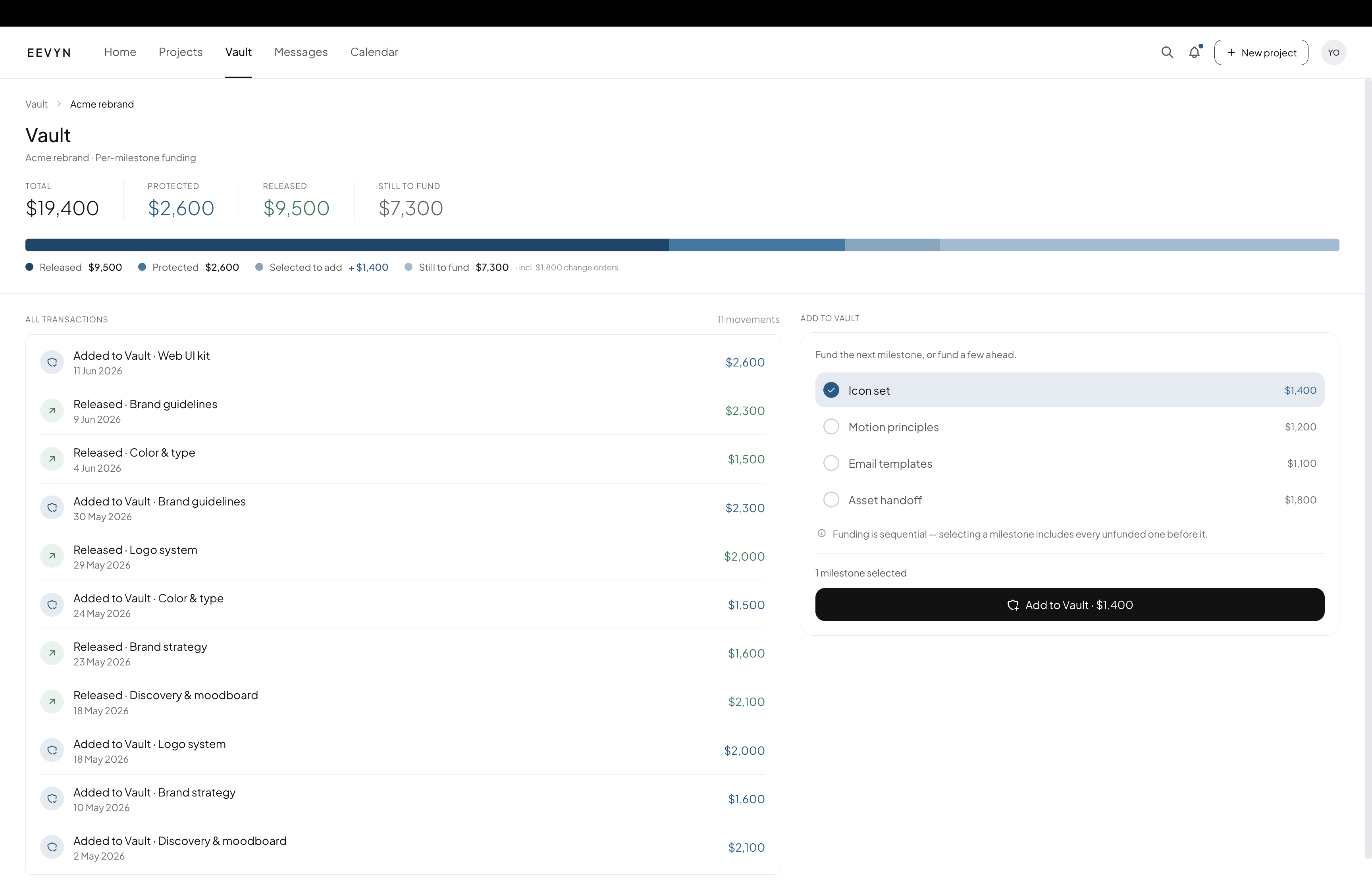 Vault ledger showing added and released funds as a chronological list