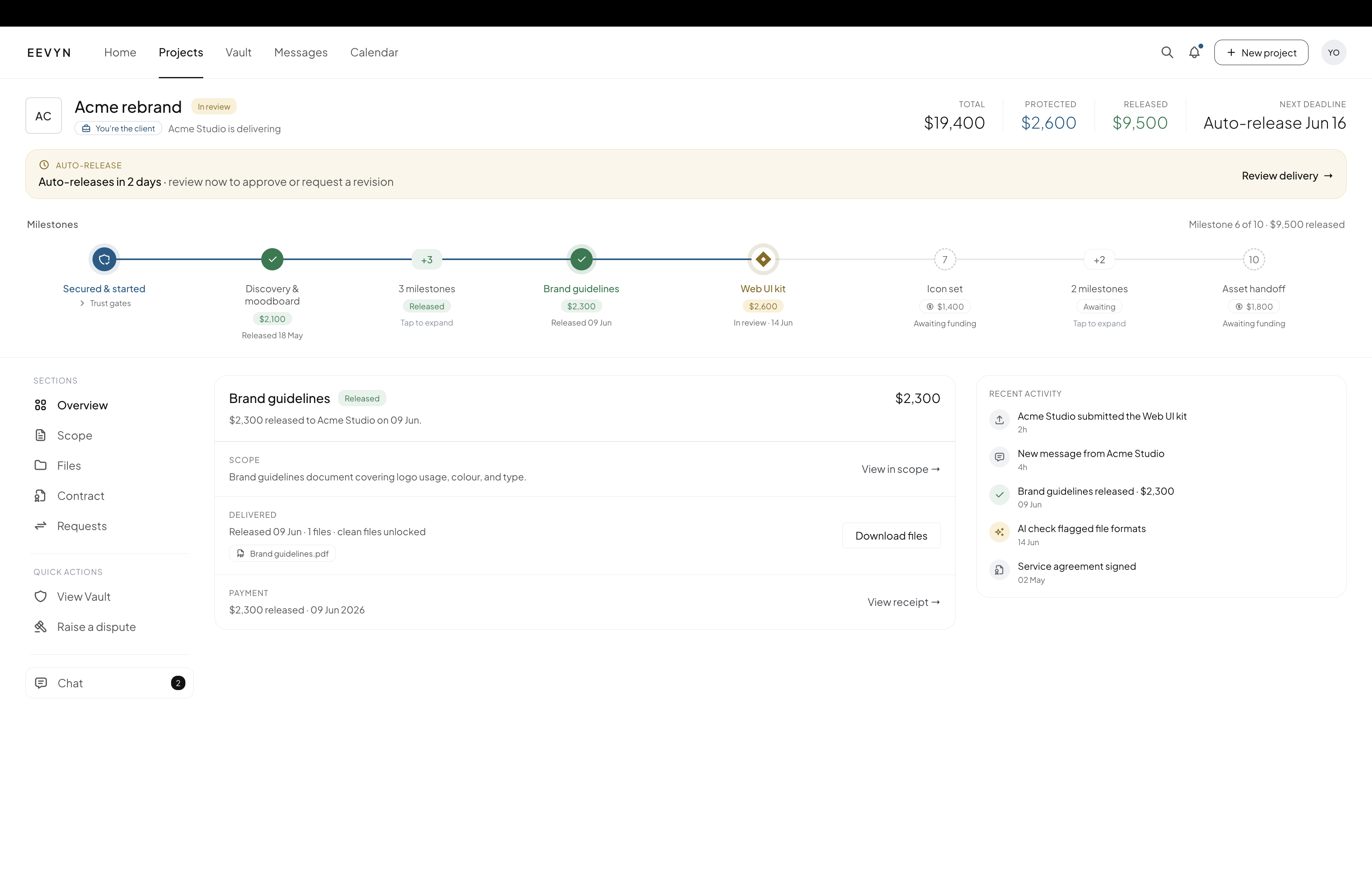 Project workspace showing a milestone in review with an auto-release countdown