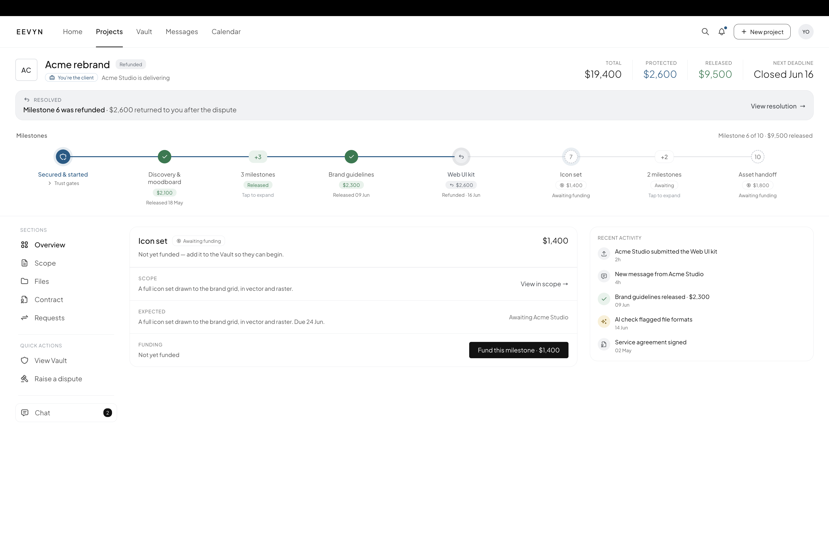 Project workspace showing a resolved dispute with funds refunded
