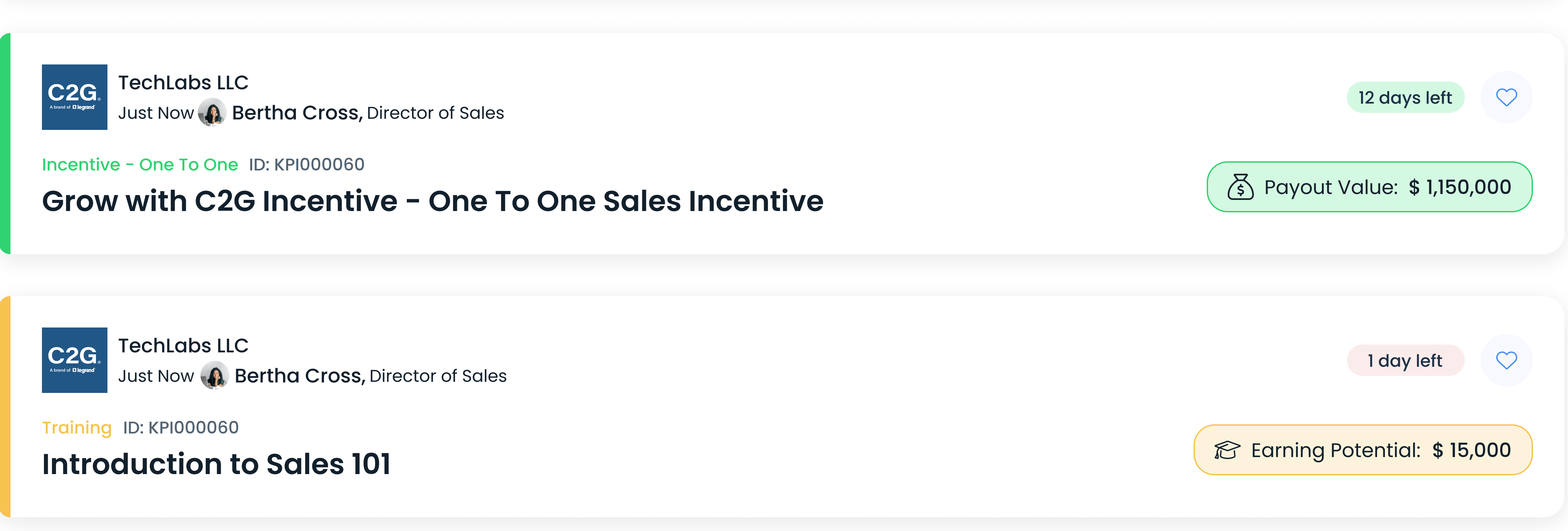Two feed cards, an incentive card showing a payout value pill and a training card showing an earning potential pill