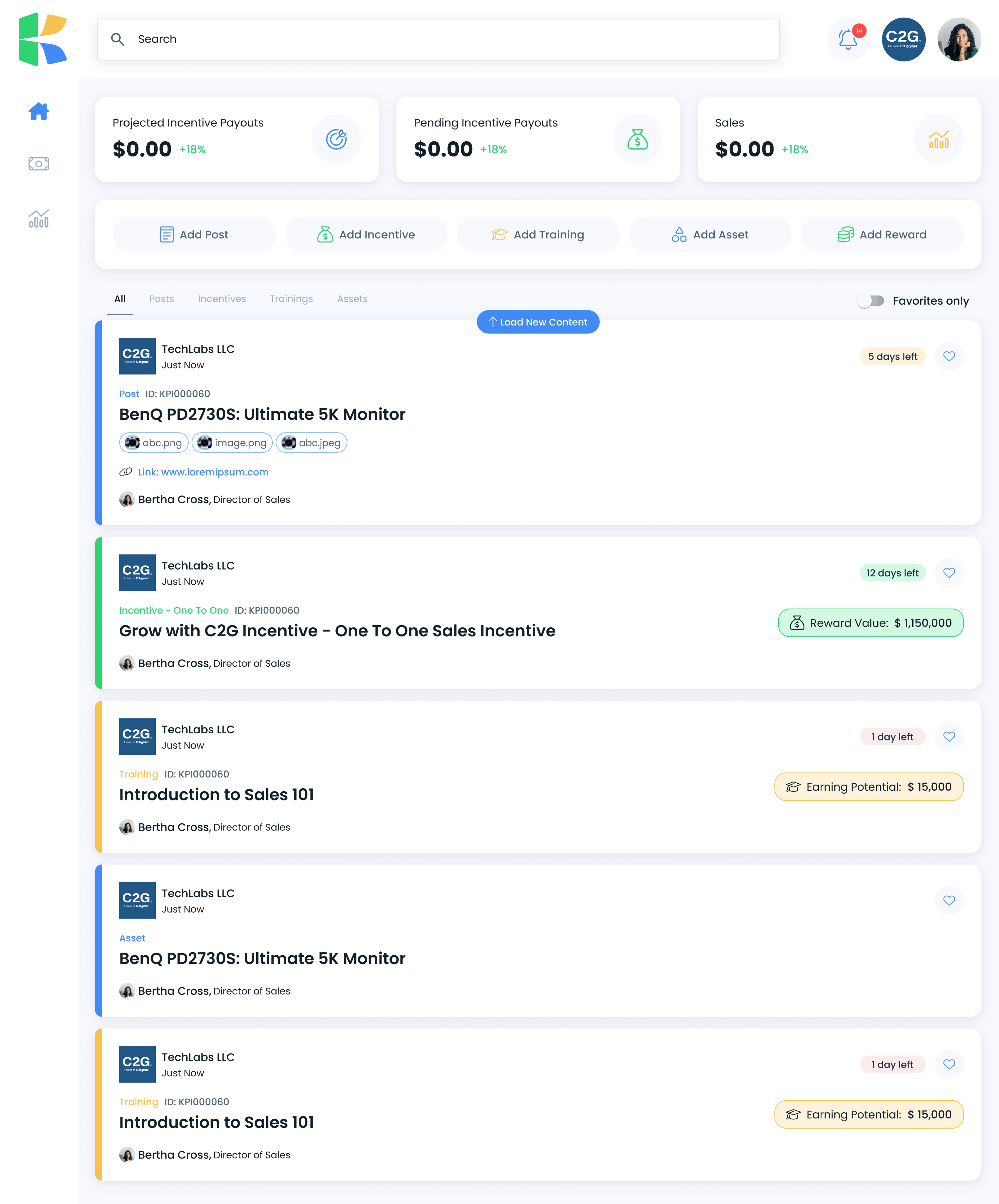 The KickPost home feed with stat cards, add-content bar, and a stream of post, incentive, and training cards