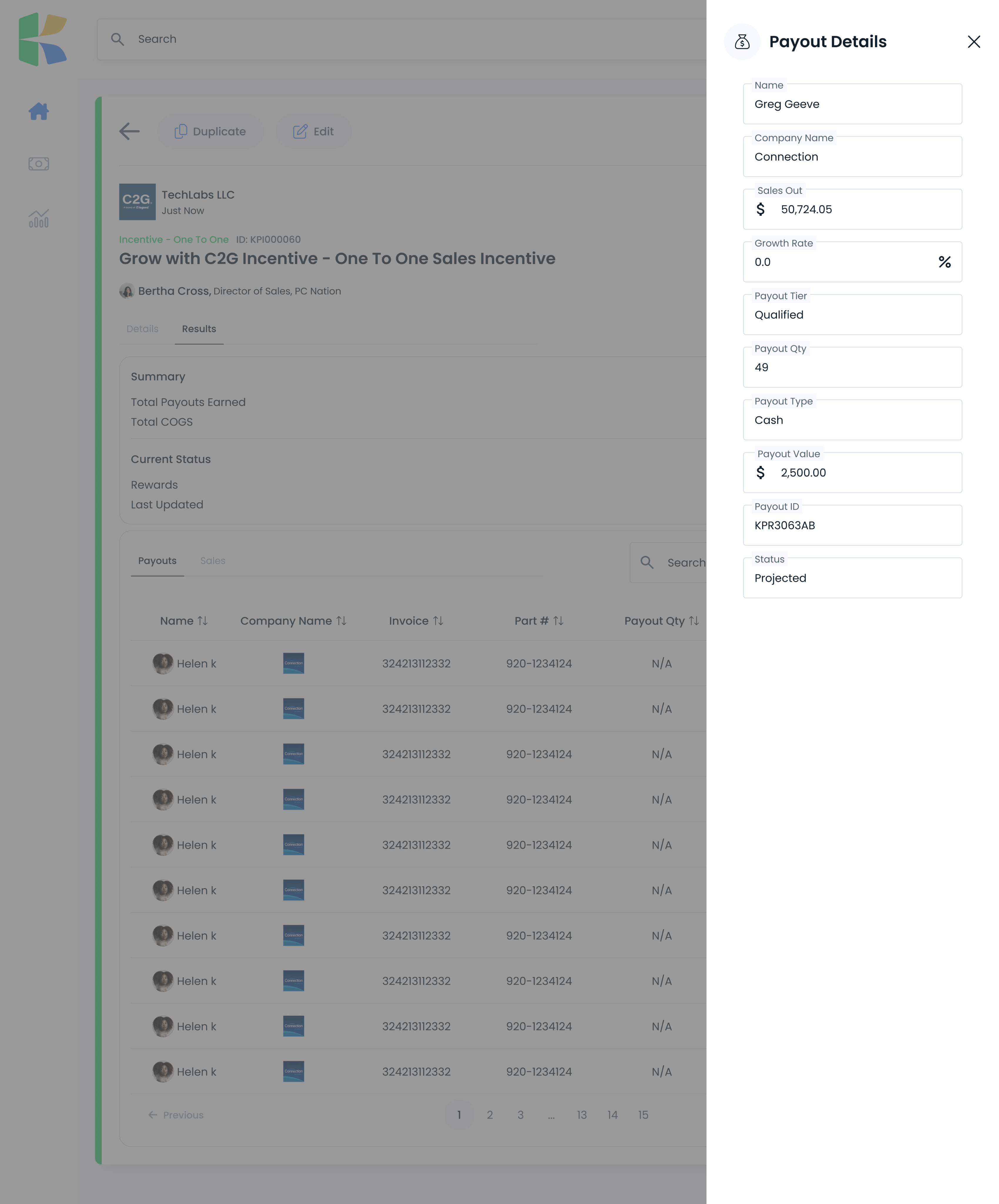 Payout details side panel