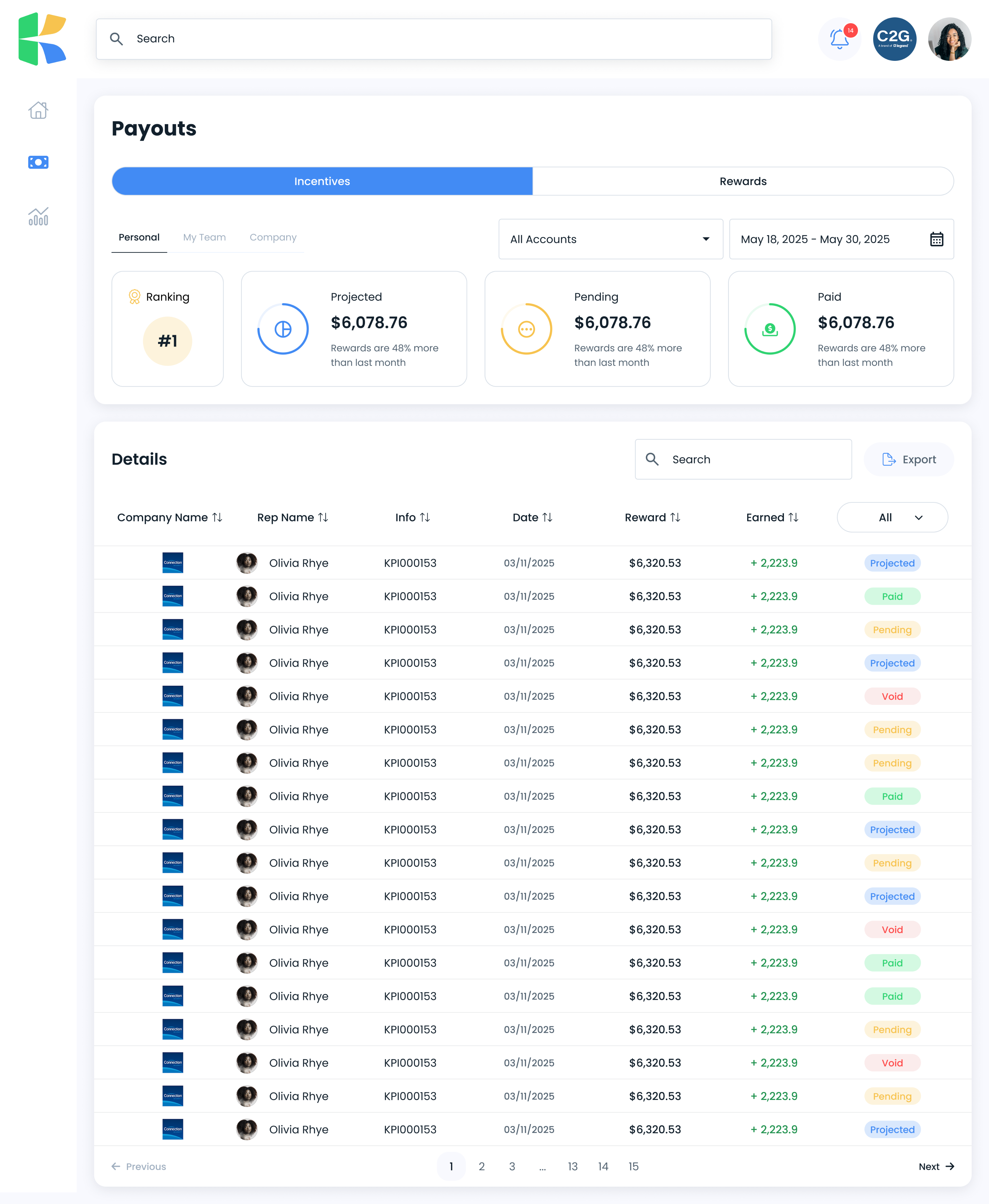 The payouts page with projected, pending, paid, and void status pills