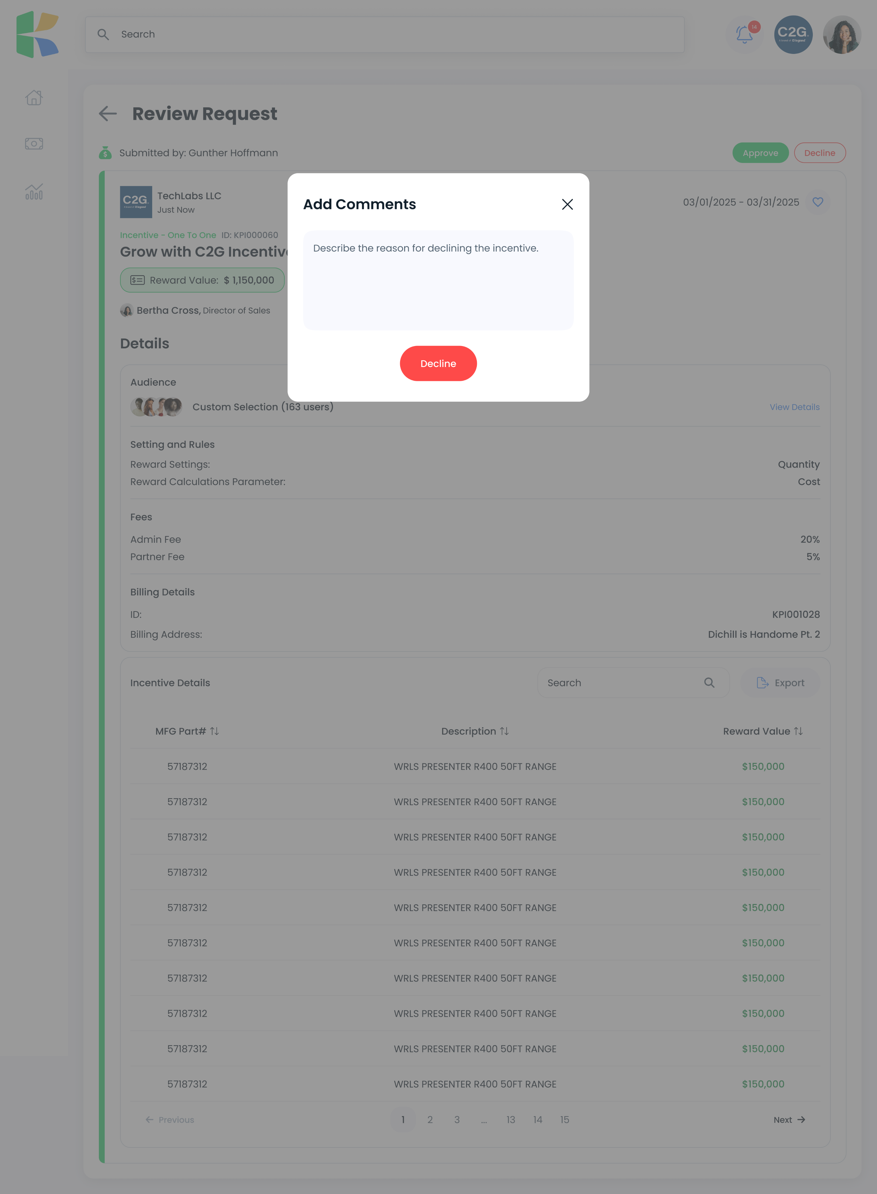 Review request with the decline comment modal