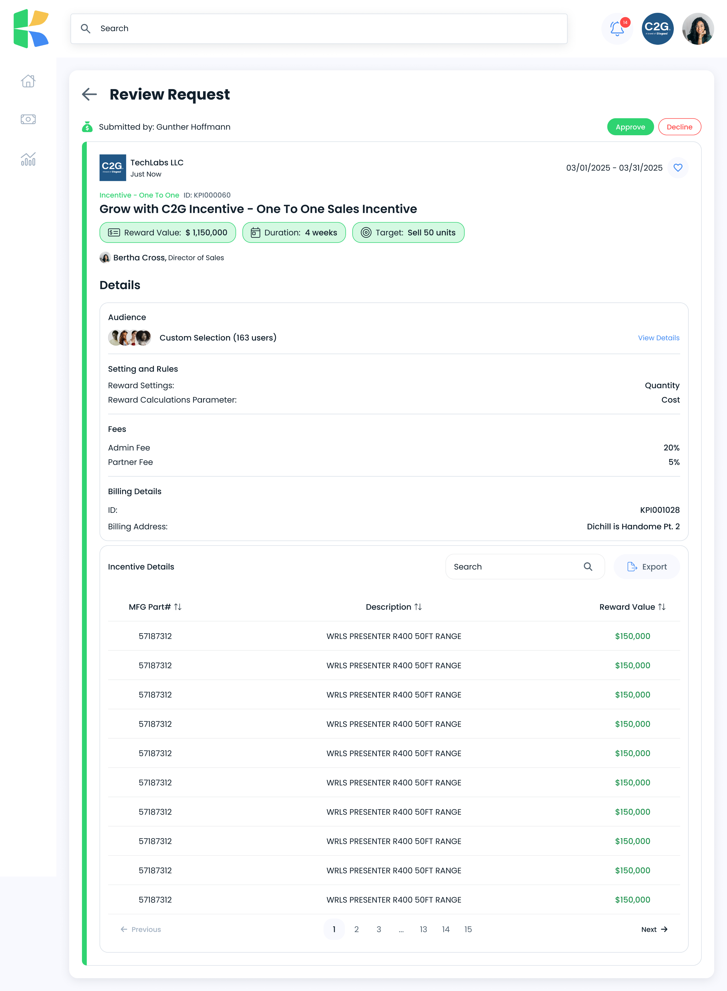 The incentive review request screen with approve and decline actions