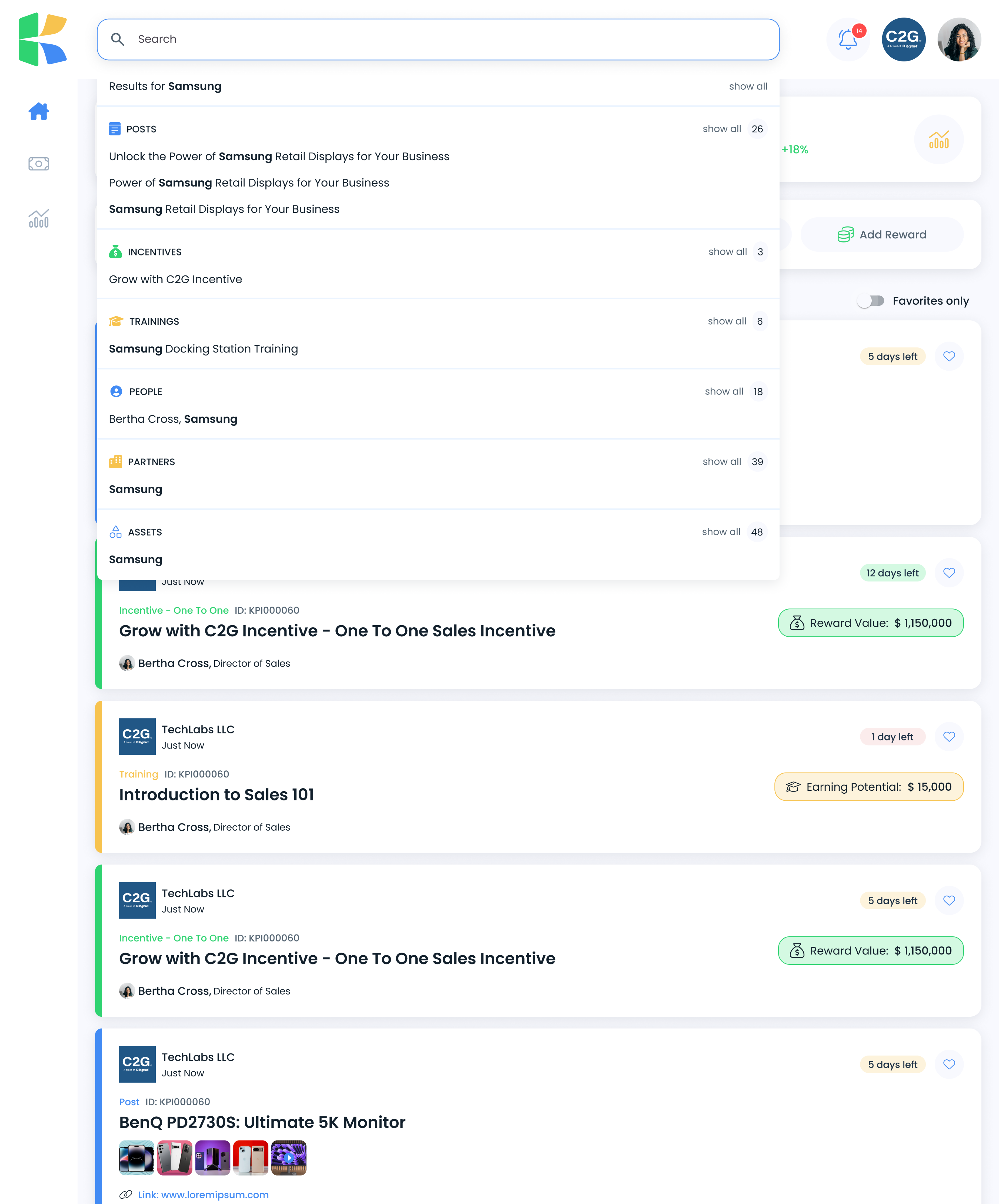 Global search returning grouped results across posts, incentives, trainings, people, partners, and assets