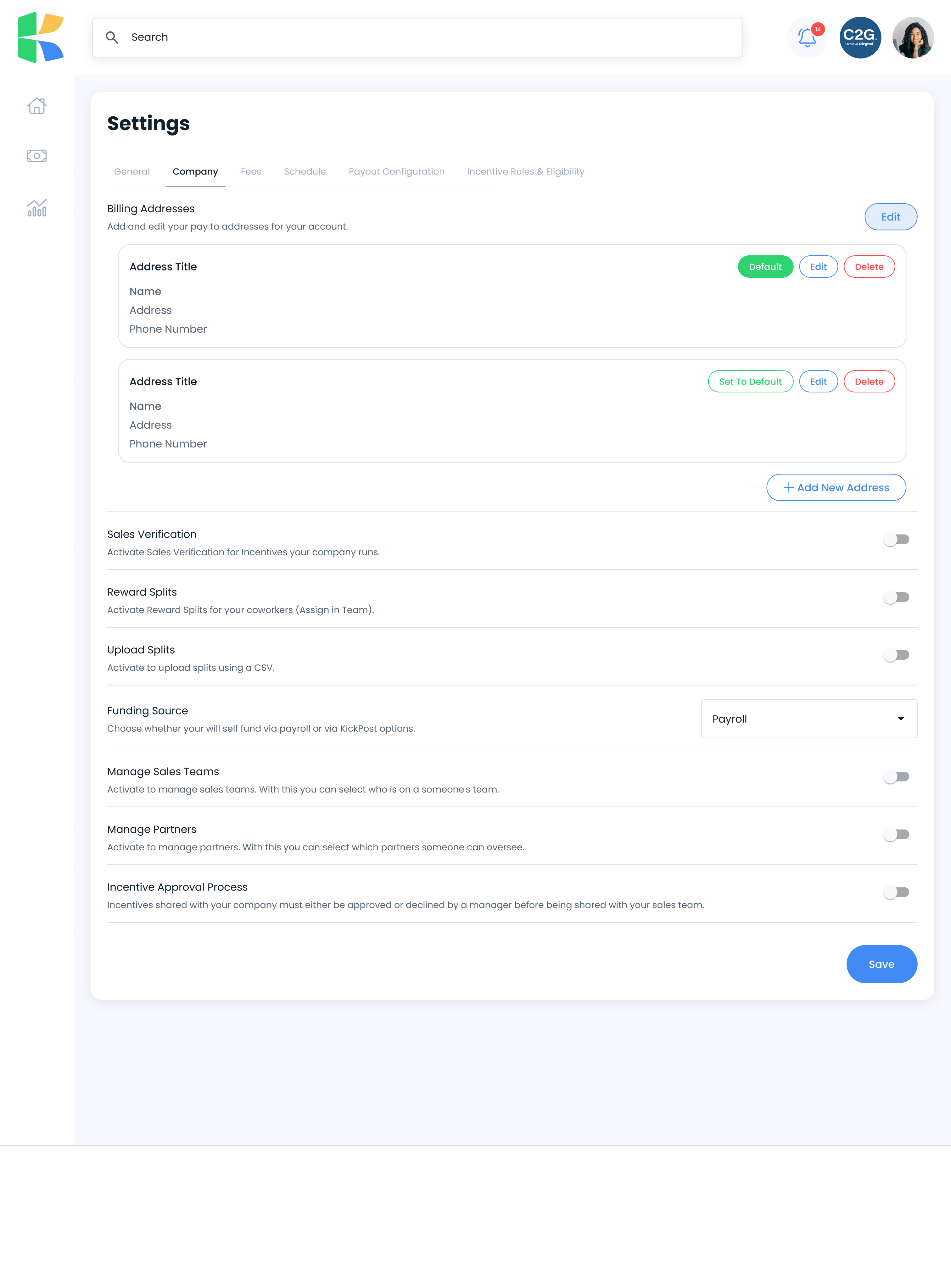 Settings with company toggles