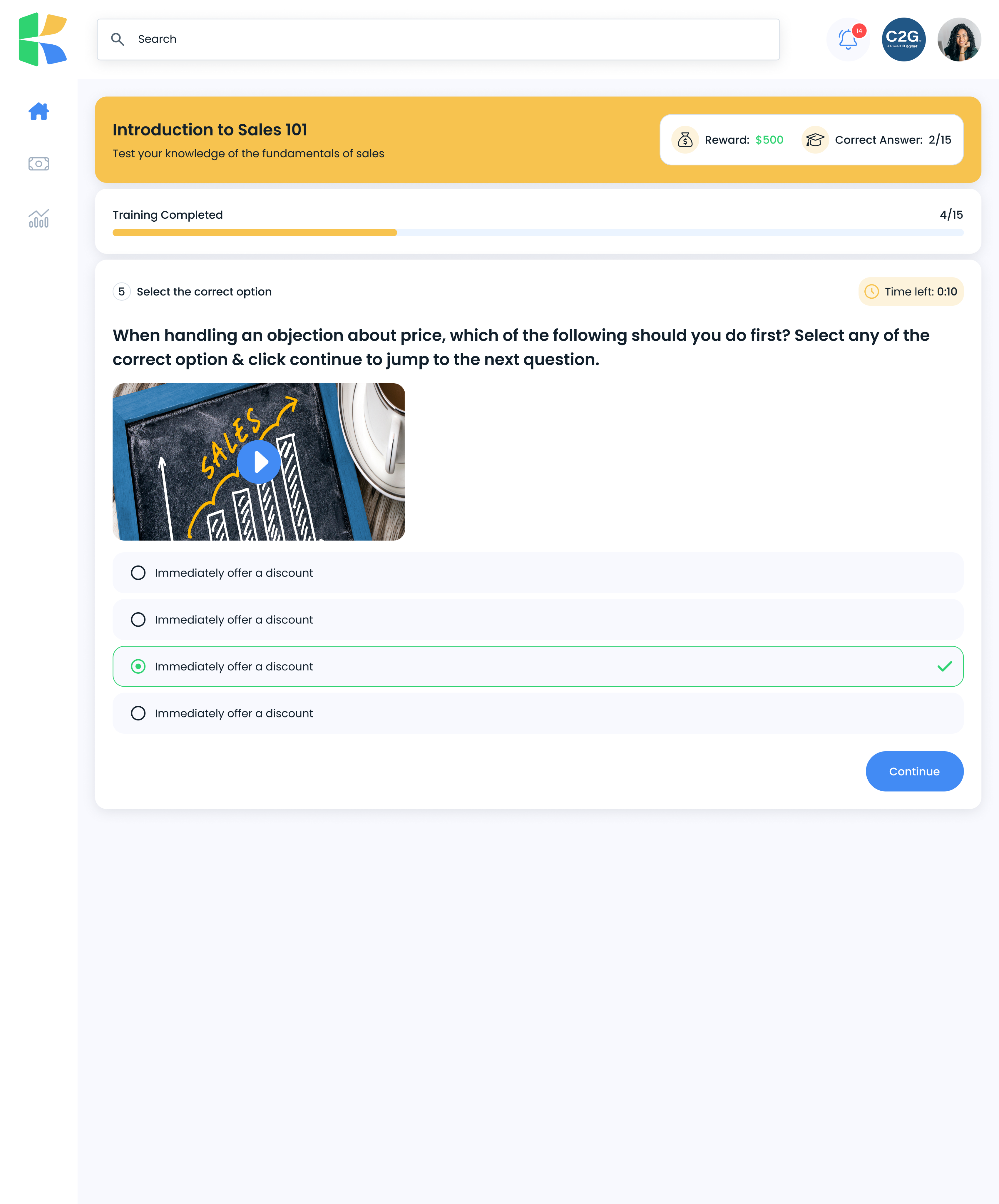 The training quiz with a countdown timer, progress bar, and answer options