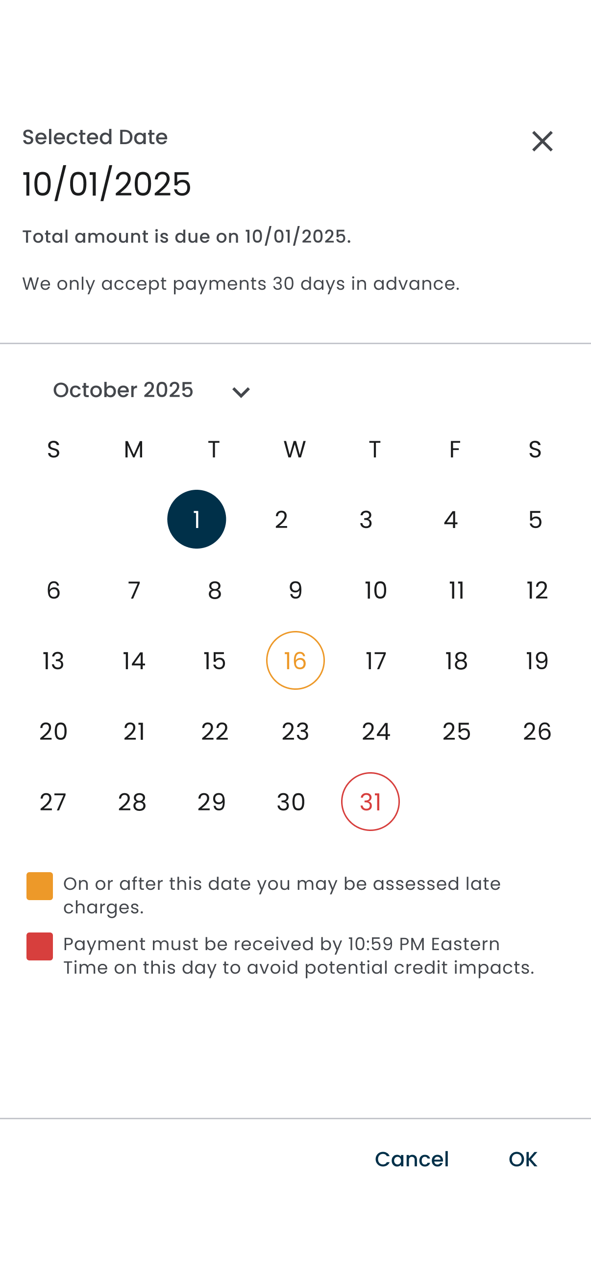 Payment date calendar screen
