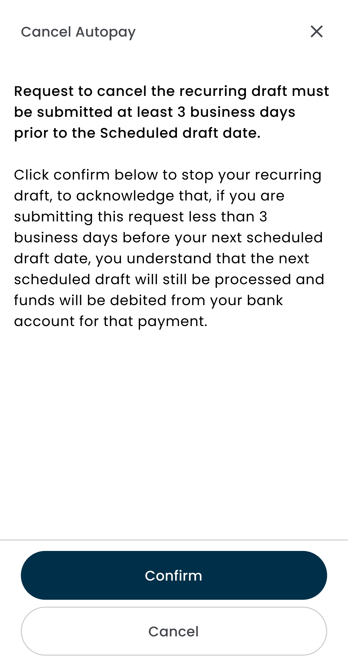 The Cancel Autopay sheet