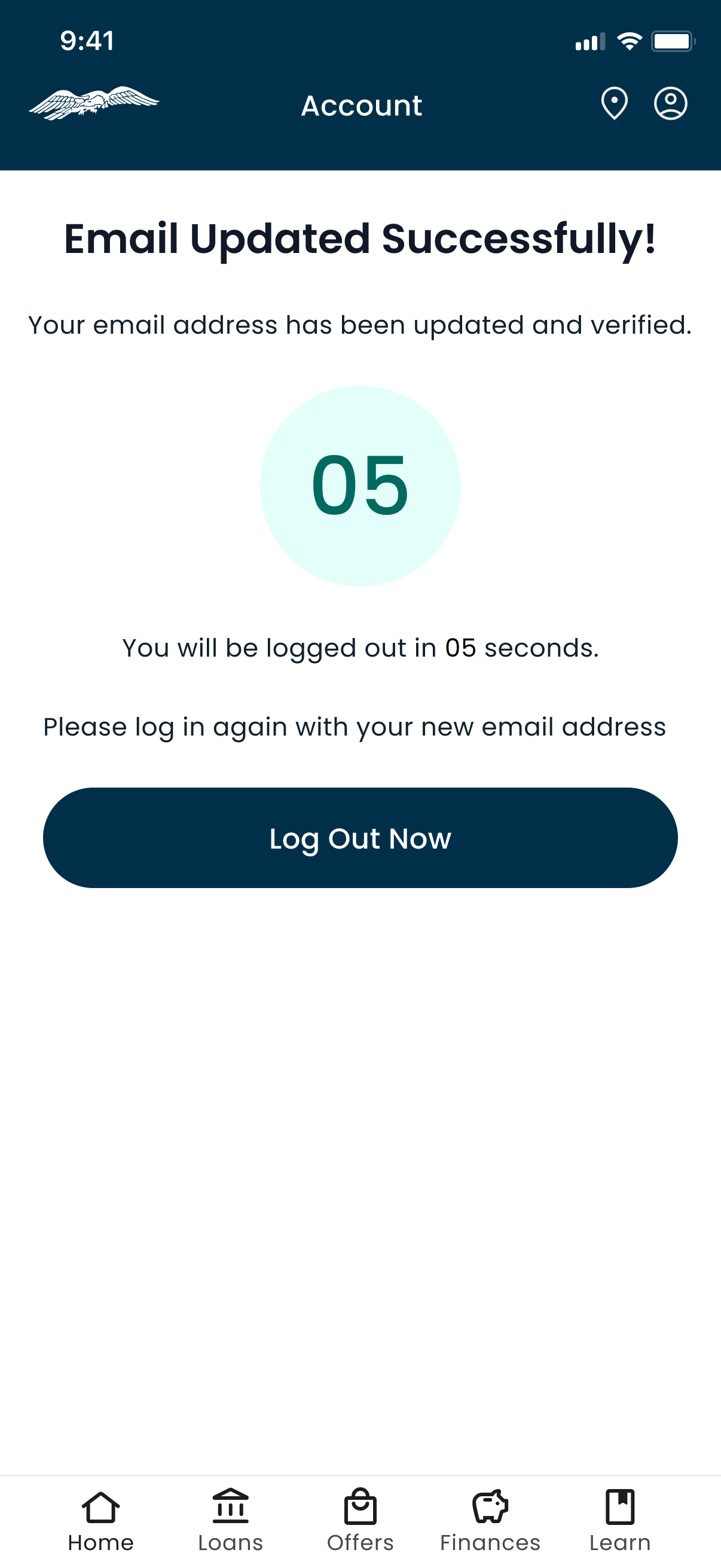 Email Updated Successfully with a logout countdown