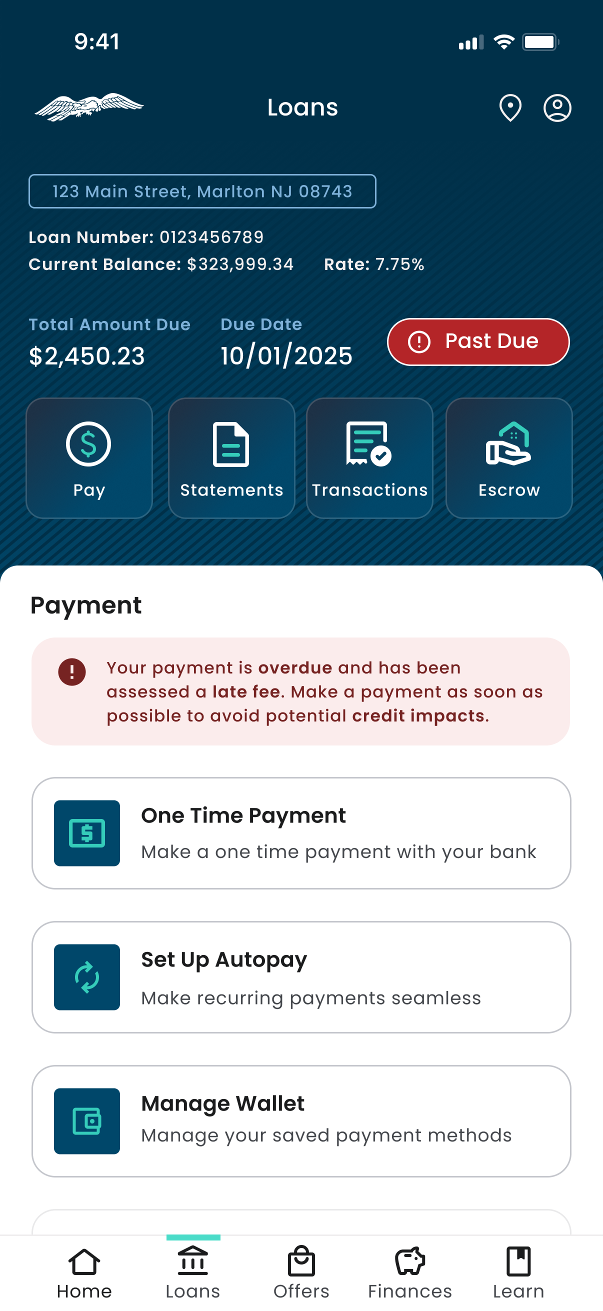 The same loan header in the Past Due state